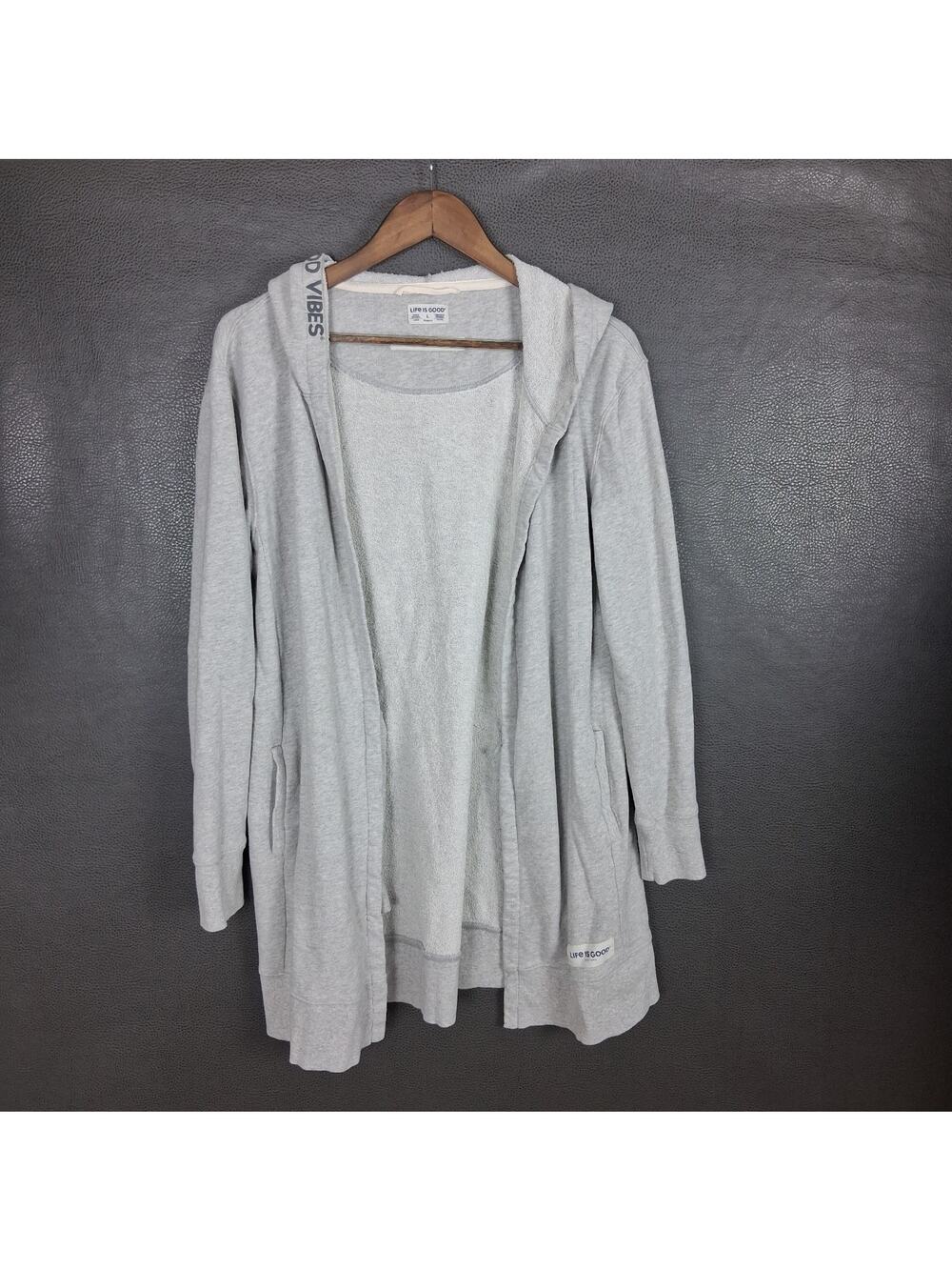 Life Is Good Hoodie Womens Large Open Long Line Gray Logo Comfort Classic Basic